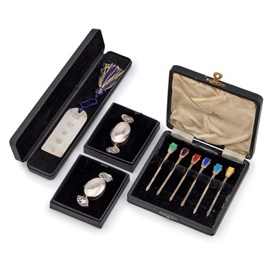 Lot 316 - A SET OF SIX SILVER AND ENAMEL COCKTAIL STICKS