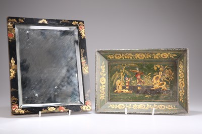 Lot 1226 - A LATE 19TH / EARLY 20TH CENTURY CHINOISERIE DECORATED BLACK LACQUERED SMALL MIRROR