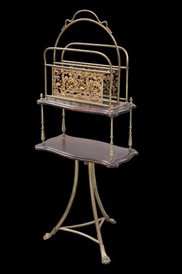 Lot 354 - A LATE VICTORIAN BRASS AND MAHOGANY MAGAZINE RACK TABLE