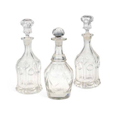 Lot 54 - THREE 19TH CENTURY GLASS DECANTERS AND STOPPERS