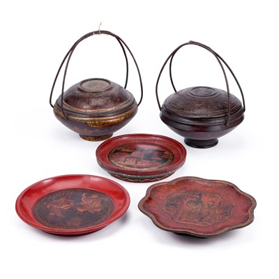 Lot 264 - TWO CHINESE LACQUERED BASKETS AND THREE LACQUERED CIRCULAR STANDS