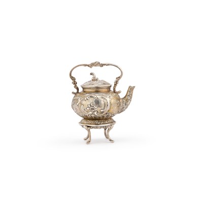 Lot 308 - A CONTINENTAL SILVER MINIATURE KETTLE ON STAND