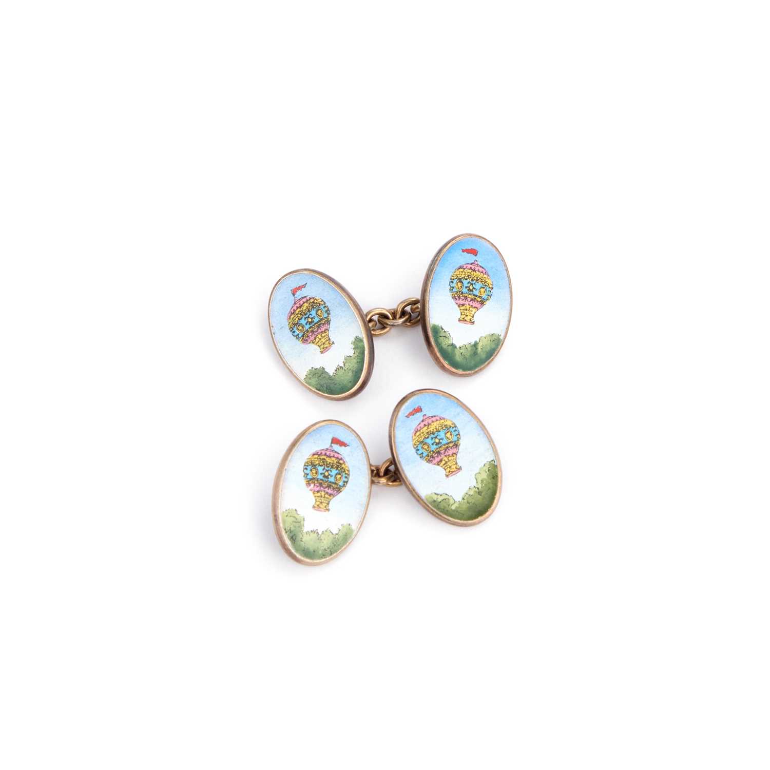 Lot 924 - A PAIR OF SILVER AND ENAMEL NOVELTY HOT AIR BALLOON DOUBLE OVAL CUFFLINKS