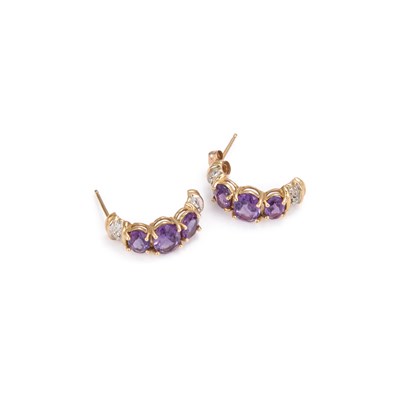 Lot A PAIR OF 9 CARAT GOLD AMETHYST AND DIAMOND HALF HOOP EARRINGS