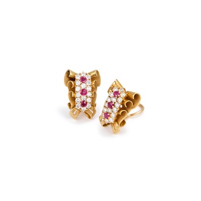 Lot A PAIR OF RETRO RUBY AND DIAMOND CLUSTER EARRINGS