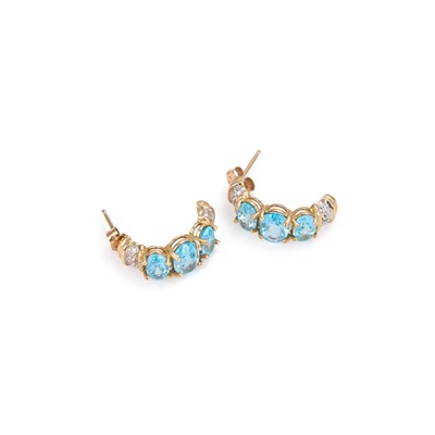 Lot A PAIR OF 9 CARAT GOLD BLUE TOPAZ AND DIAMOND HALF HOOP EARRINGS