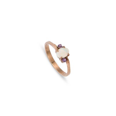 Lot A THREE STONE OPAL AND AMETHYST RING