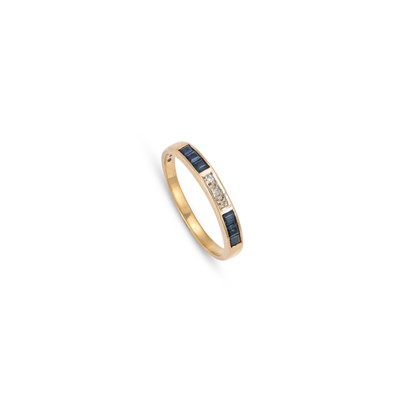 Lot A 9 CARAT GOLD HALF HOOP SAPPHIRE AND DIAMOND RING