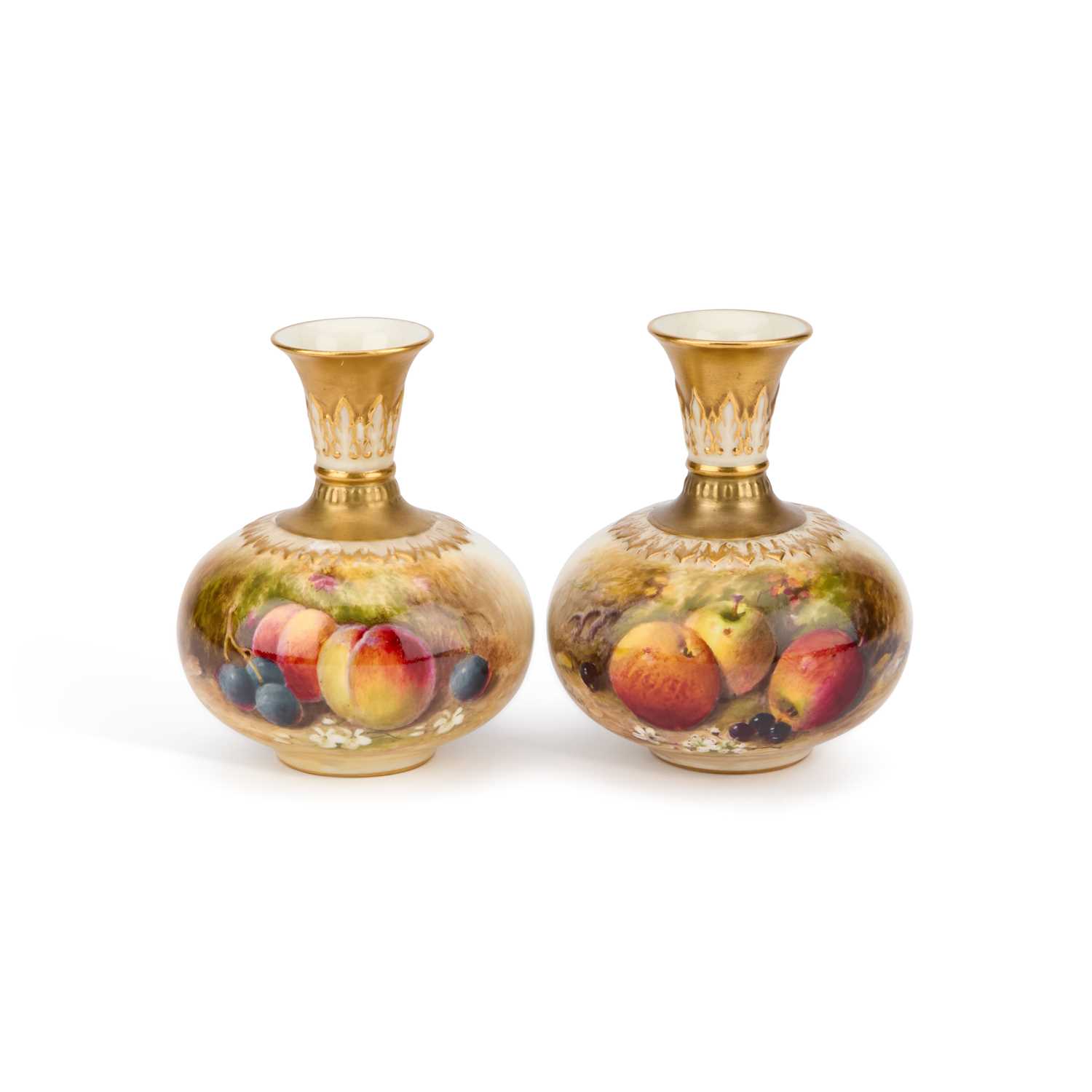 Lot 140 - A PAIR OF ROYAL WORCESTER FRUIT PAINTED VASES