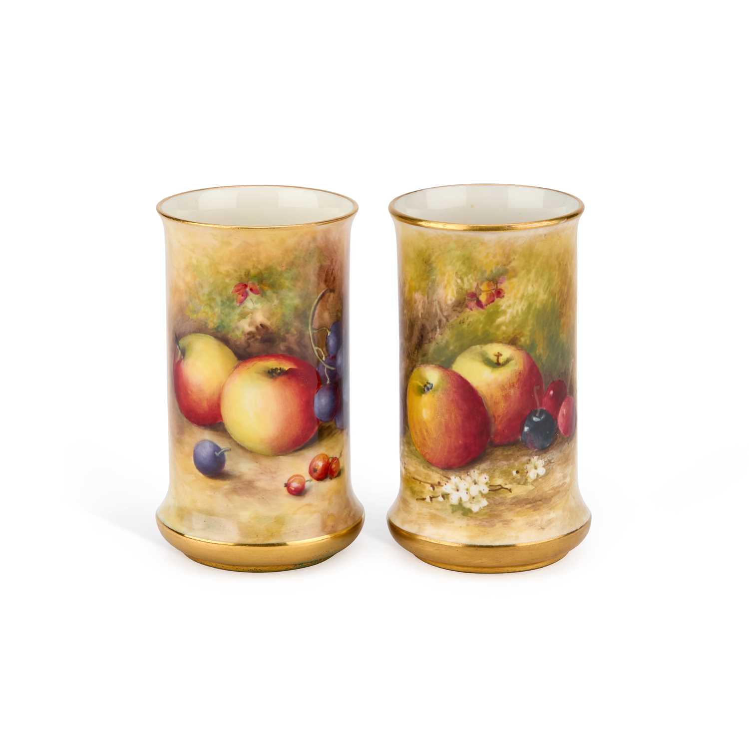 Lot 177 - A PAIR OF ROYAL WORCESTER FRUIT PAINTED VASES
