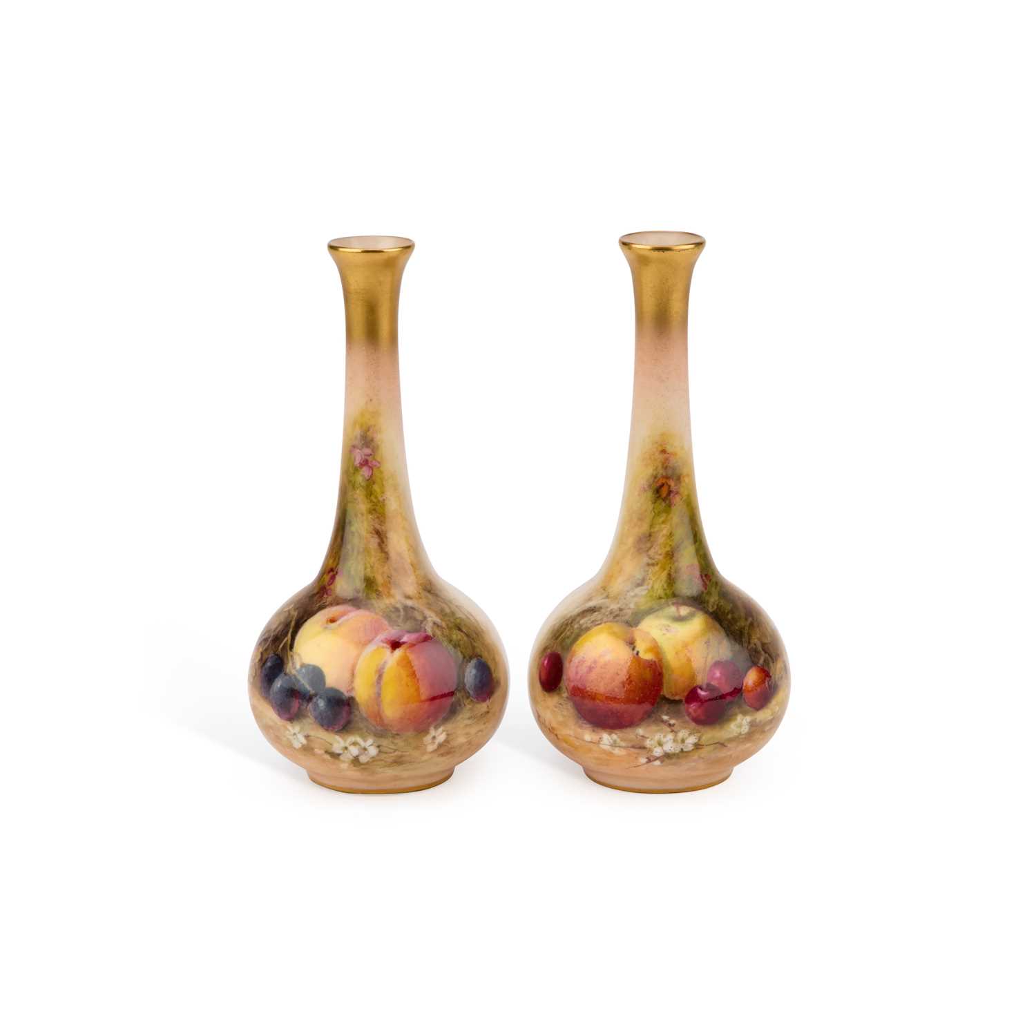 Lot 154 - A PAIR OF ROYAL WORCESTER FRUIT PAINTED VASES