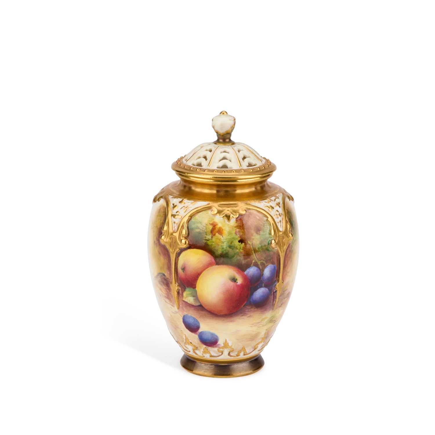 Lot 162 - A ROYAL WORCESTER FRUIT PAINTED POTPOURRI VASE