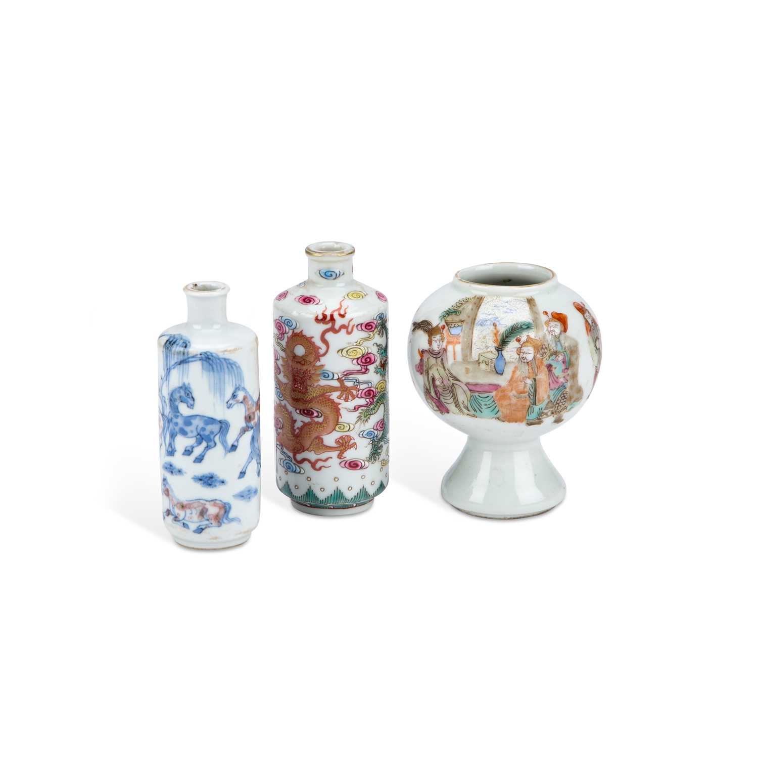 Lot 212 - TWO CHINESE PORCELAIN SNUFF BOTTLES AND A SMALL CHINESE PORCELAIN VASE