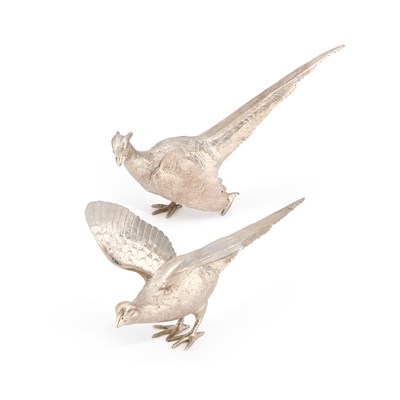 Lot A PAIR OF ELIZABETH II CAST SILVER MODELS OF PHEASANTS