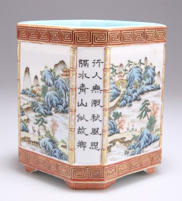 Lot 137 - A CHINESE FAMILLE ROSE 'LANDSCAPE' BRUSH POT, REPUBLICAN PERIOD