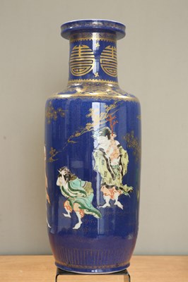 Lot 155 - A CHINESE DOUCAI-DECORATED POWDER-BLUE-GROUND ROULEAU VASE