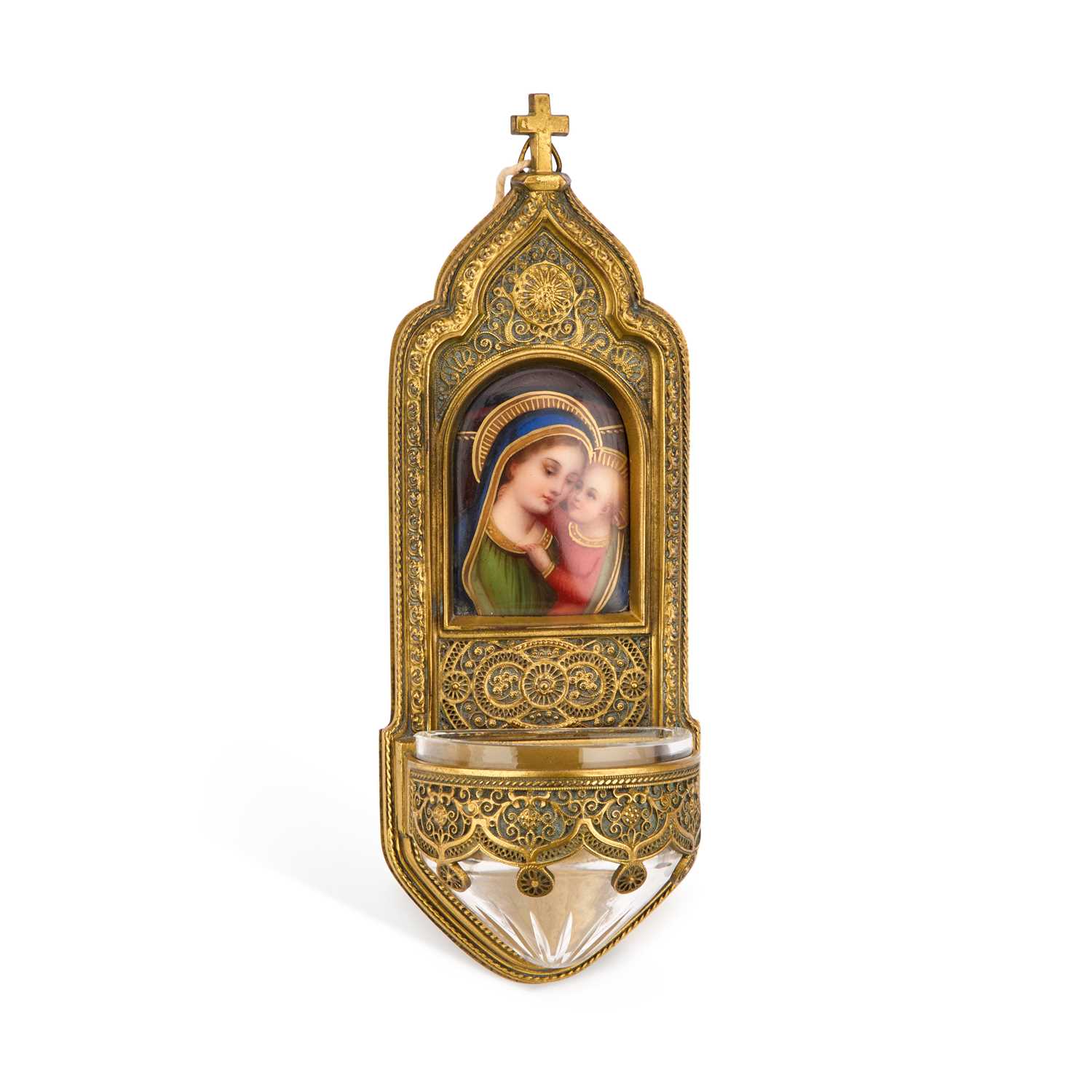 Lot 264 - A CONTINENTAL BRASS AND ENAMEL HOLY WATER STOOP