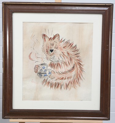 Lot 247 - AFTER LOUIS WAIN (1860-1939), A CAT DRINKING A CUP OF TEA