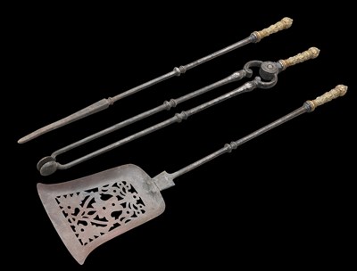 Lot 37 - A SET OF THREE VICTORIAN STEEL AND BRASS FIRE IRONS