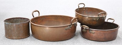 Lot 32 - THREE ANTIQUE COPPER ROLL-TOP PANS AND A RIVETED COPPER PLANTER