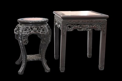 Lot 329 - TWO CHINESE MARBLE-INSET HARDWOOD JARDINIERE STANDS