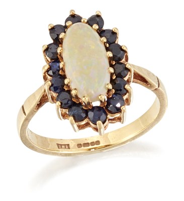 Lot 1557 - A 9 CARAT GOLD OPAL AND SAPPHIRE CLUSTER RING