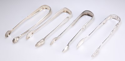 Lot 1186 - FOUR PAIRS OF GLASGOW SILVER SUGAR TONGS, GEORGE III AND LATER