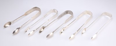 Lot 1089 - FIVE PAIRS OF EXETER SILVER SUGAR TONGS, WILLIAM IV AND LATER