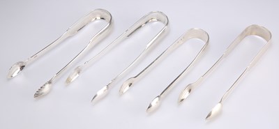 Lot 1121 - FOUR PAIRS OF SILVER SUGAR TONGS, GEORGE III AND LATER