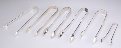 Lot 1201 - SIX PAIRS OF LONDON SILVER SUGAR TONGS, GEORGIAN AND LATER