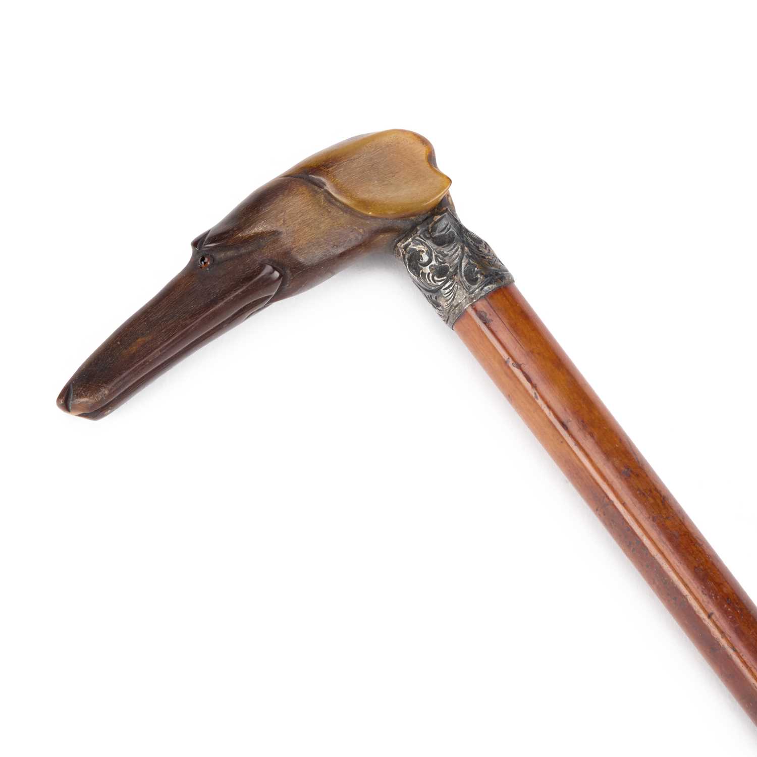 Lot 578 - A 19TH CENTURY WALKING CANE WITH A CARVED RHINOCEROS HORN HANDLE