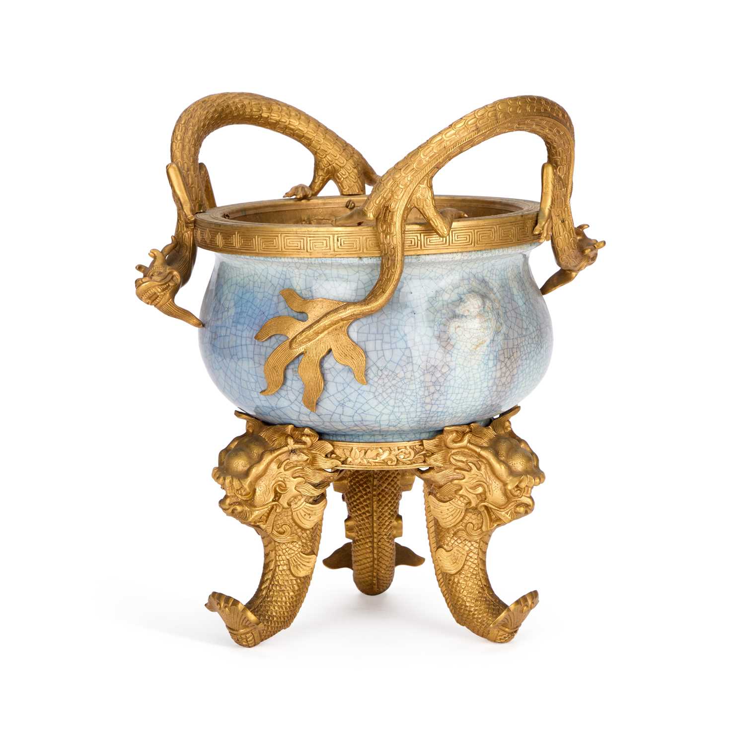 Lot 82 - A CHINESE ORMOLU-MOUNTED CRACKLE-GLAZED CENSER
