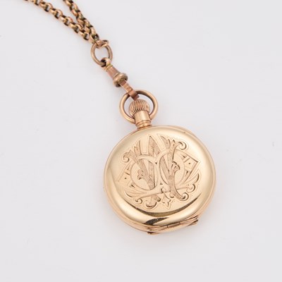 Lot 323 - A ROLLED GOLD WALTHAM FOB WATCH AND A 9CT GOLD CHAIN