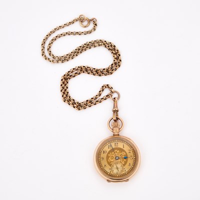 Lot 323 - A ROLLED GOLD WALTHAM FOB WATCH AND A 9CT GOLD CHAIN