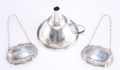 Lot 1478 - TWO ELIZABETH II SILVER DECANTER LABELS AND A NORWEGIAN SILVER WINE FUNNEL, 20TH CENTURY