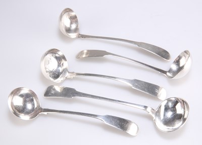 Lot 1190 - A GROUP OF FIVE SCOTTISH SILVER SAUCE LADLES