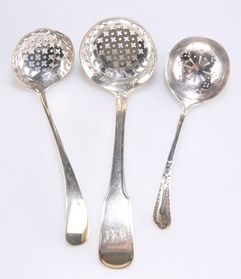 Lot 1144 - THREE SILVER SIFTER SPOONS