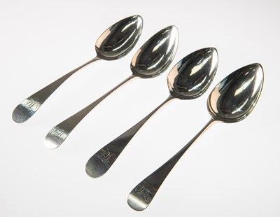 Lot 1222 - TWO PAIRS OF NEWCASTLE SILVER OLD ENGLISH PATTERN TABLE SPOONS