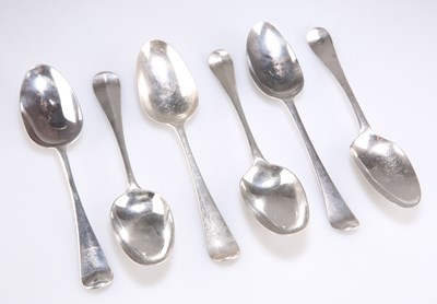 Lot 1210 - A GROUP OF SIX 18TH CENTURY SILVER OLD ENGLISH HAVOVERIAN PATTERN TABLE SPOONS