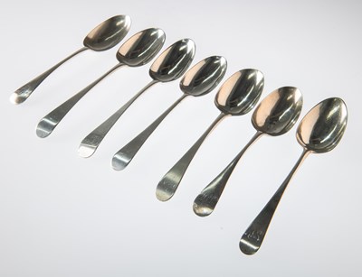 Lot 1157 - A GROUP OF SEVEN 18TH CENTURY SILVER OLD ENGLISH PATTERN TABLE SPOONS