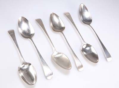 Lot 1174 - A GROUP OF SIX 18TH CENTURY SILVER OLD ENGLISH PATTERN TABLE SPOONS