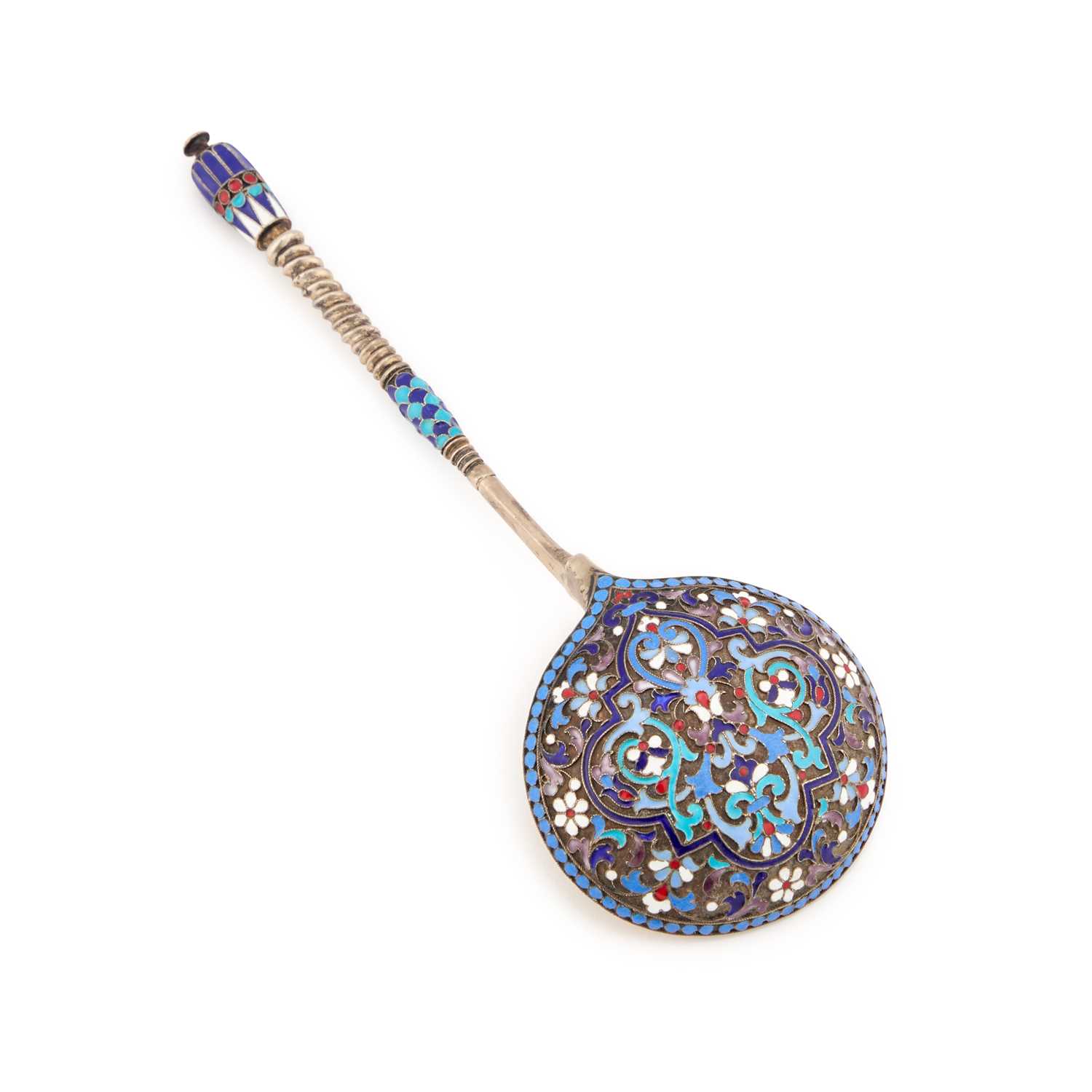 Lot 132 - A RUSSIAN SILVER AND ENAMEL SERVING SPOON
