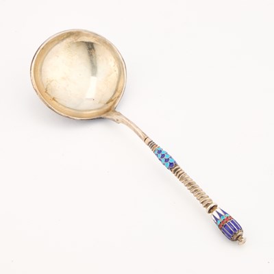 Lot 132 - A RUSSIAN SILVER AND ENAMEL SERVING SPOON