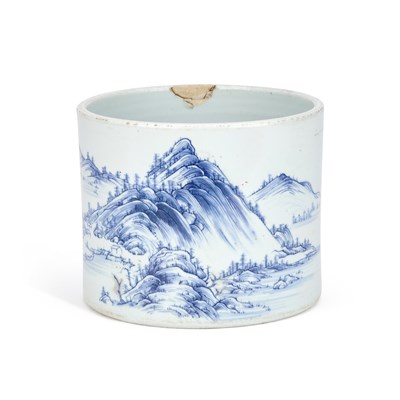 Lot 49 - A CHINESE BLUE AND WHITE PORCELAIN 'LANDSCAPE' BRUSH POT