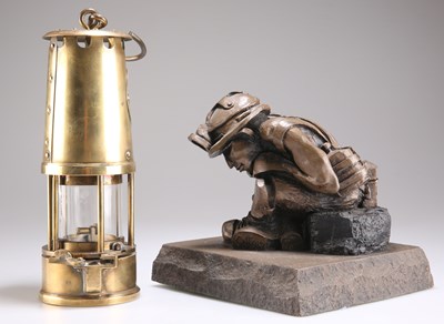 Lot 57 - MINING INTEREST: ROBERT OLLEY, A BRONZED RESIN FIGURE OF A MINER AND AN ECCLES MINER'S LAMP