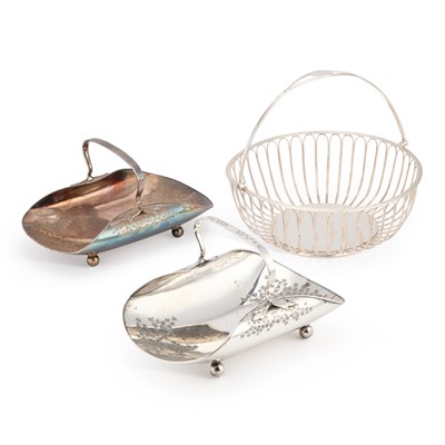 Lot 119 - A PAIR OF VICTORIAN SILVER-PLATED BASKETS AND A SILVER-PLATED WIREWORK SWING-HANDLED BASKET