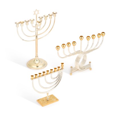 Lot 191 - JUDAICA: THREE PARCEL-GILT METAL HANUKKAH MENORAHS