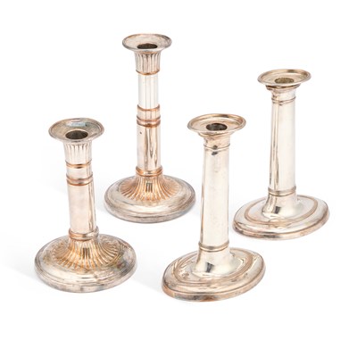 Lot 124 - TWO PAIRS OF OLD SHEFFIELD PLATED CANDLESTICKS