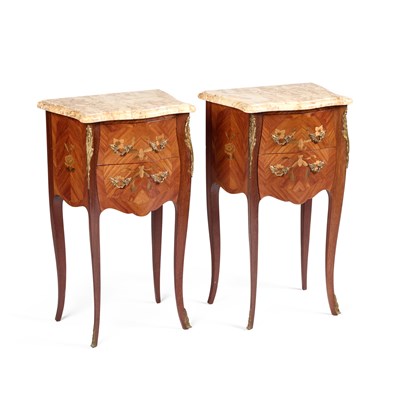 Lot 751 - A PAIR OF FRENCH GILT-METAL MOUNTED, MARBLE-TOPPED AND FLORAL MARQUETRY SIDE TABLES