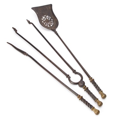 Lot 161 - A SET OF THREE 19TH CENTURY STEEL AND BRASS FIRE IRONS